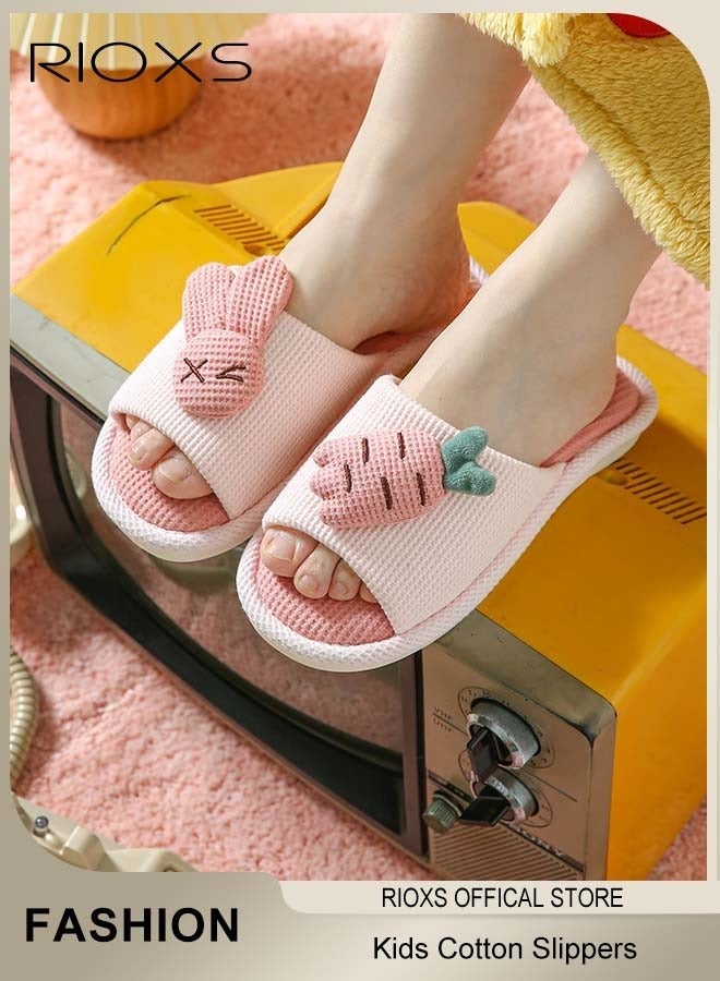 ريوكس نعال منزلية قطنية مفتوحة من الأمام للأطفال، نعال كرتونية للأولاد والبنات على شكل أرنب وجزرة، نعال قطنية مريحة بنعل ناعم، نعال غرفة نوم خفيفة الوزن ومقاومة للانزلاق، نعال منزلية قابلة للغسل، أحذية داخلية مسطحة غير صاخبة - Image 1